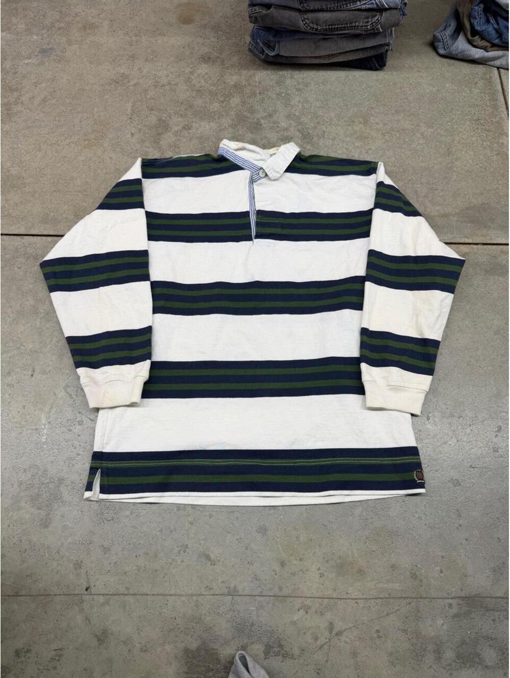 vintage tommy hilfiger white navy and green rugby polo shirt size large